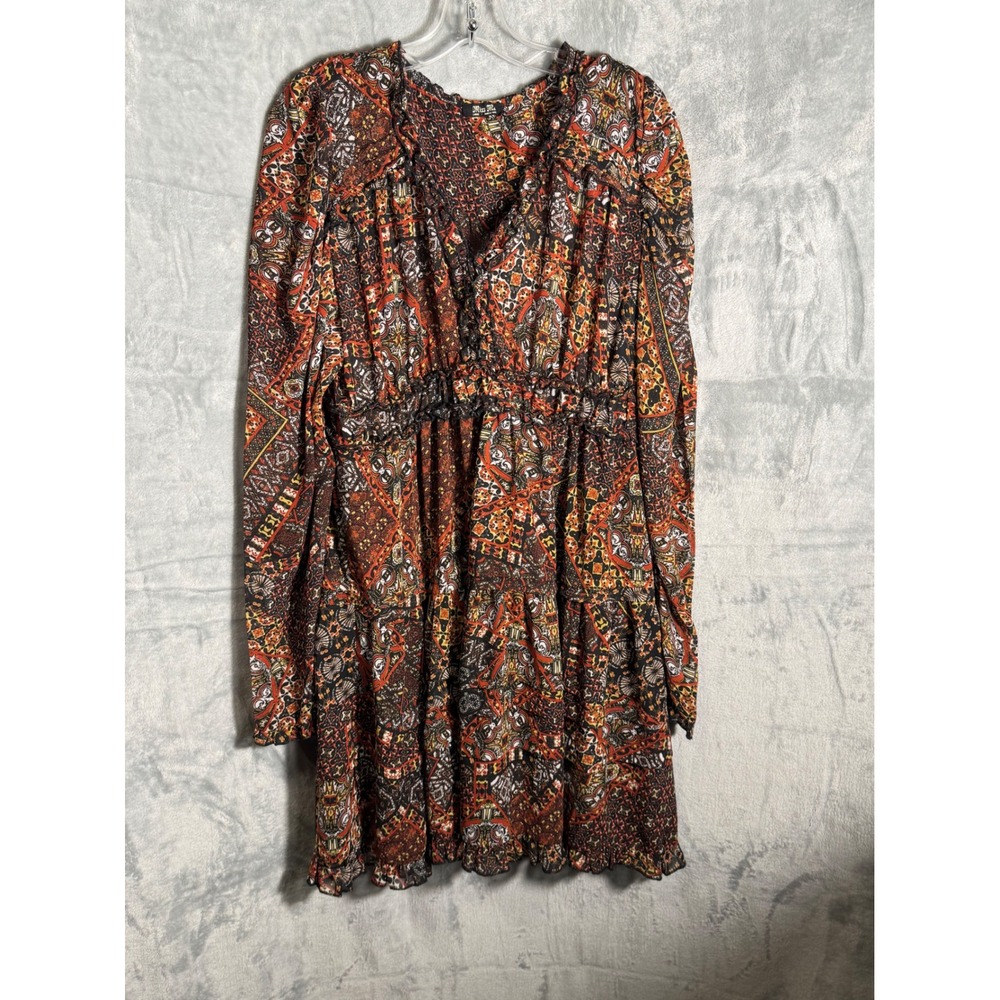 Miss Me Boho Patchwork Print Ruffle Tiered Mini Dress‎ Long Sleeve Women's Large